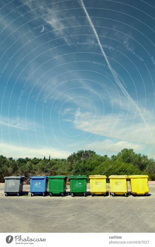 Order must be | Waste separation on Mallorca Gray Blue Green Yellow Container waste Trash waste containers Parking lot bushes trees Majorca Balearic Islands