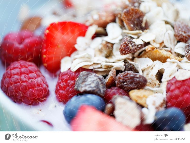 Colourful breakfast. Art Esthetic Contentment Breakfast Breakfast table Morning break Cereal Raspberry Strawberry Blueberry Milk Raisins Healthy Healthy Eating