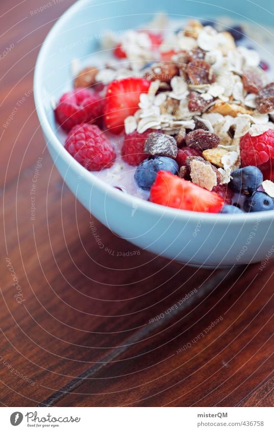 Bowl blue. Art Esthetic Contentment Breakfast Breakfast table Morning break Cereal Healthy Healthy Eating Blue Wooden table Raspberry Blueberry Strawberry