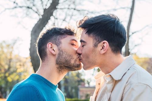 Loving gay couple standing face to face in park kissing men homosexual lgbt love cheerful male relationship happy fondness together boyfriend smile romantic