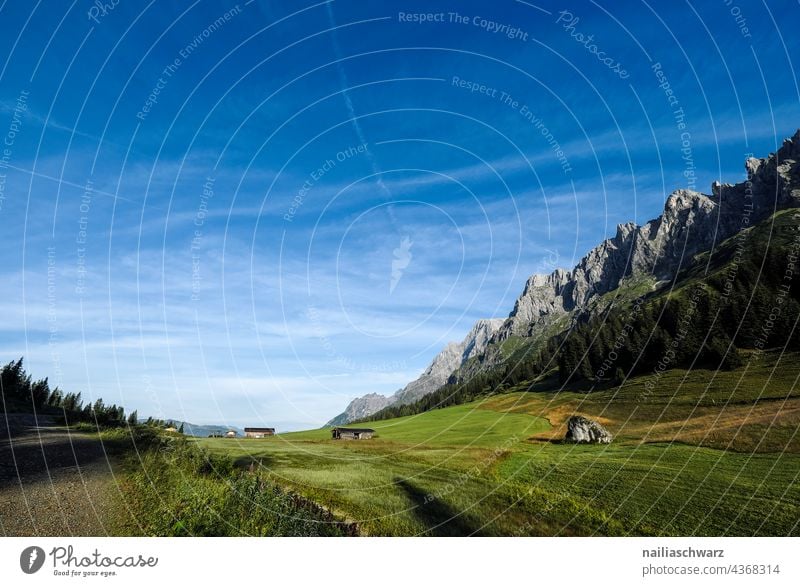 Landscape in Alps Mountain Mountain range mountains Mountains in the background Blue Sky Summer Grass Lanes & trails Hiking Summer vacation Nature Exterior shot