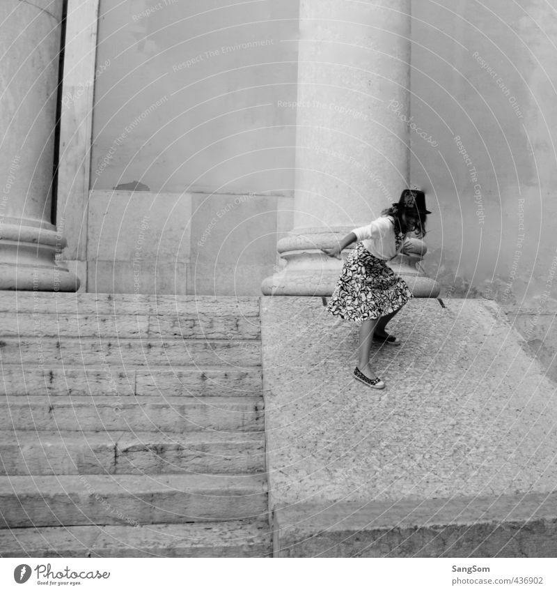 slide on the church Human being Feminine Girl 1 Church Manmade structures Stairs Dress Hat Stone Movement Cool (slang) Thin Joy Enthusiasm Infancy Glide Surfing