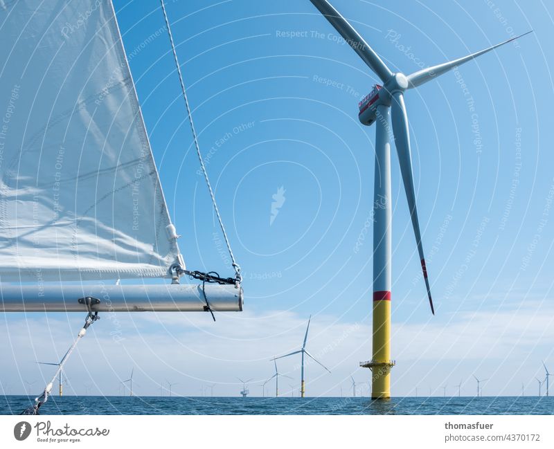 Wind turbines Wind energy plant Pinwheel Sailboat Ocean Environment Energy Energy generation Renewable energy Energy industry Electricity Sky Ecological
