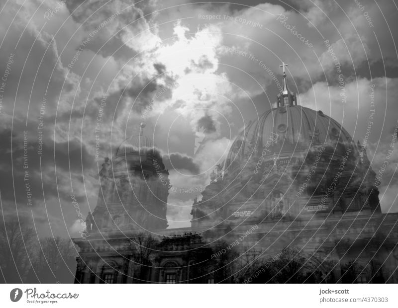 Berlin Cathedral in the clouds Downtown Berlin House of worship Tourist Attraction Clouds in the sky Double exposure Sky Back-light Sun Silhouette Domed roof