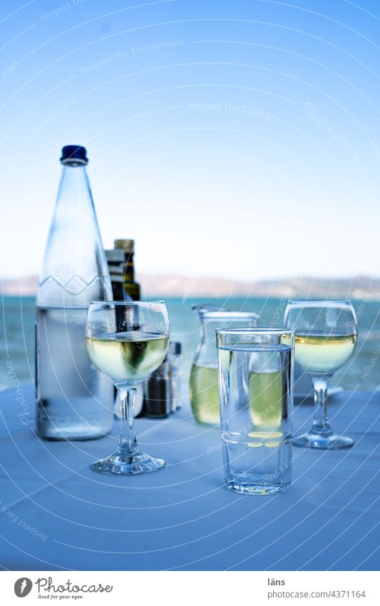 Wine and water drink Vine Water White wine Beverage Alcoholic drinks Wine glass Deserted vacation Crete Ocean