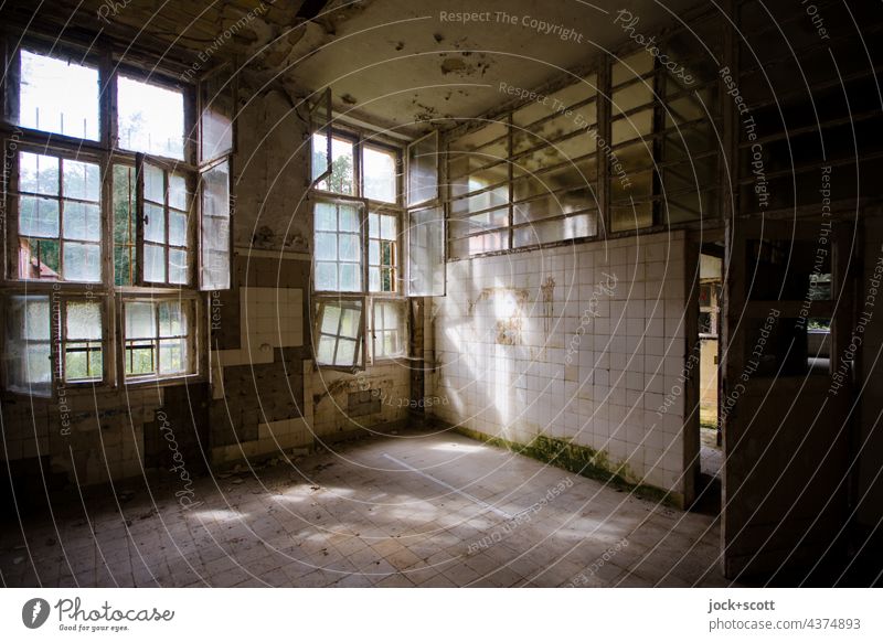 warm room due to sunny incidence of light, natural Ruin Wall (building) Window Room Dirty Sanitarium Change Ravages of time Derelict Tile Shadow Window frame