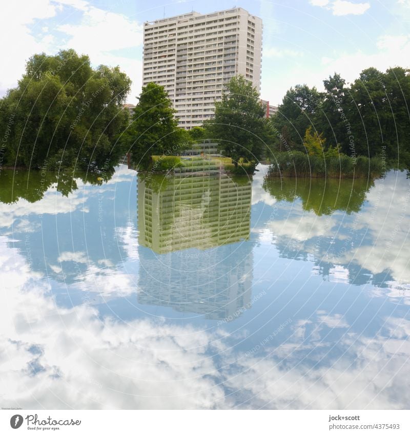 Prefabricated building above the clouds and in the clouds Lake Double exposure Water reflection Clouds Irritation Beautiful weather Silhouette Illusion