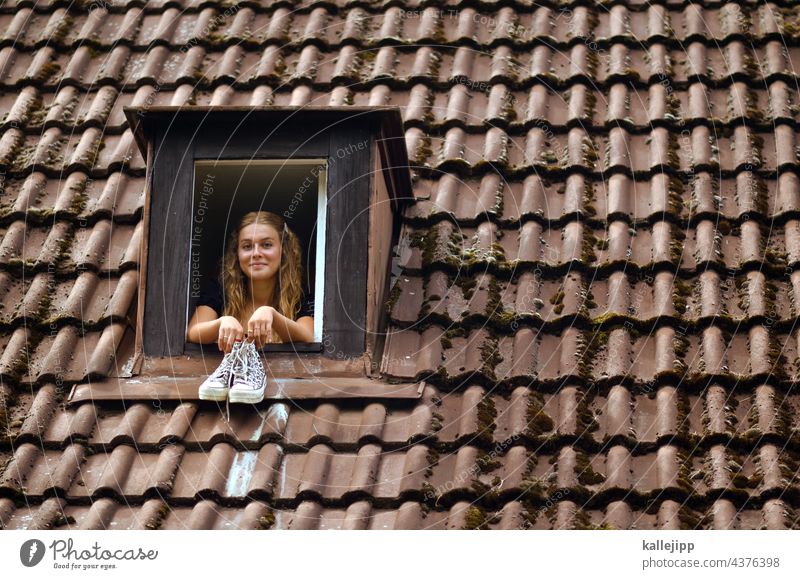 squatter:in House (Residential Structure) Roof Skylight Dormer Roofing tile Girl Woman Looking into the camera dwell rent neighbour Window Exterior shot