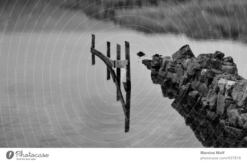 mirroring Nature Lake Stone Wood Gloomy Gray Calm ardvreck Fence Wall (barrier) Surface of water Black & white photo Exterior shot Abstract Copy Space left