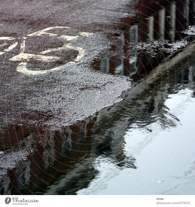 wetland Cycle path Rain Wet Asphalt Street Pictogram Drawing Puddle reflection somber urban inundation obstacle Water Rainwater