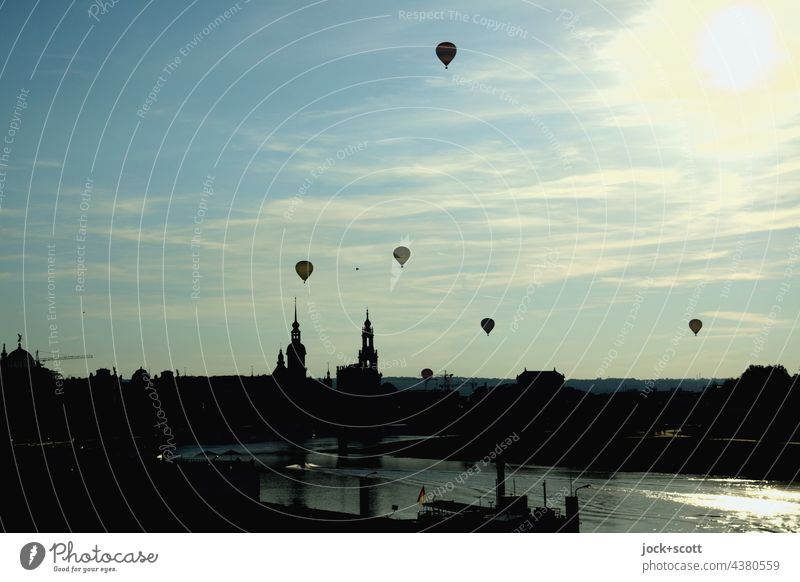 Balloon flight over Dresden Downtown Beautiful weather Aviation Church Hot Air Balloon Flying Free Above Town Romance Go up Ease Mobility Silhouette Back-light