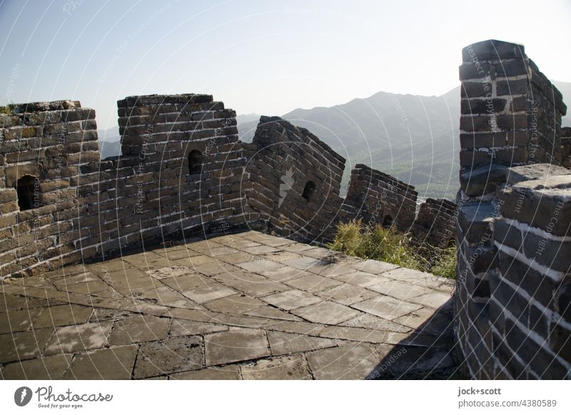 on the Great Wall Cinese architecture World heritage Far-off places Mountain Cloudless sky Landscape Beautiful weather China Tourist Attraction Landmark