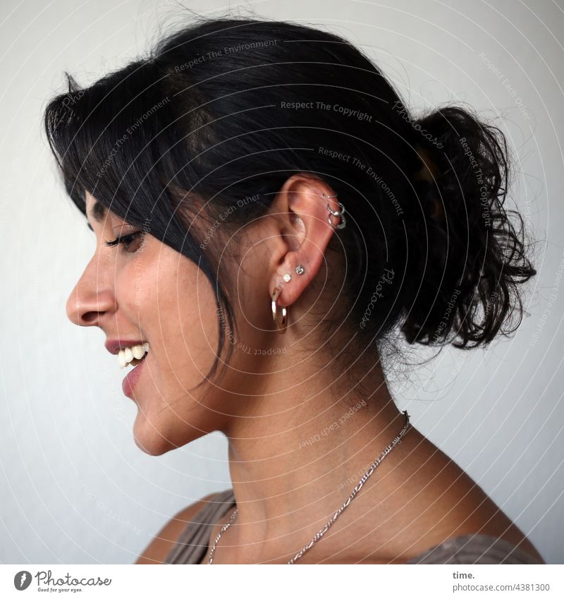 Estila portrait Profile Jewellery Earring Long-haired Black-haired Braids Laughter Smiling pretty Downward vivacious