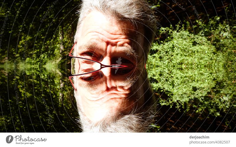 Das doppelte Männchen.  Älterer- doppelter -   Mann mit Brille und vielen Falten im Gesicht ,  vor einer grünen Hecke. bart portrait freizeit erholung rentner