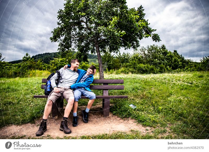 happy happy father's day Bench Tree Landscape Embrace To hold on Love Affection Parents Colour photo Trust Boy (child) Warm-heartedness Safety (feeling of)