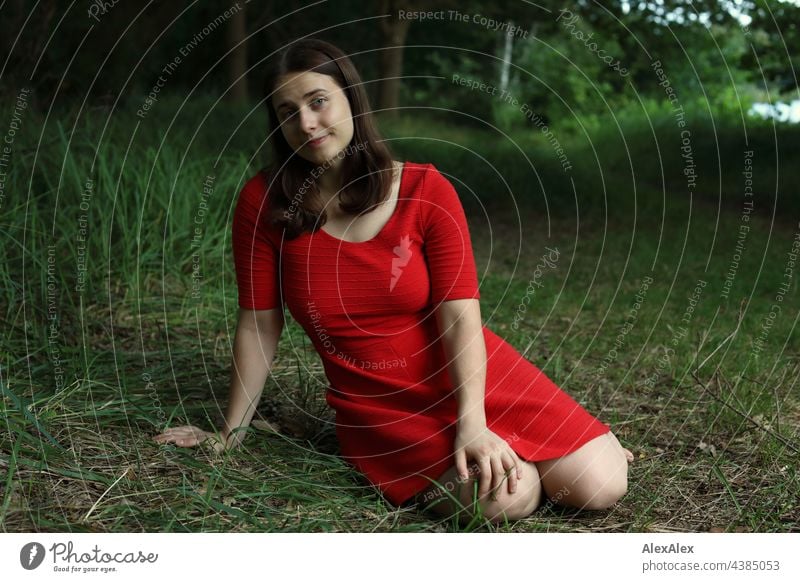 Young woman in red summer dress sits in nature in the green at a lake and looks into the camera Woman see Green Nature Brunette in the country Dress red dress