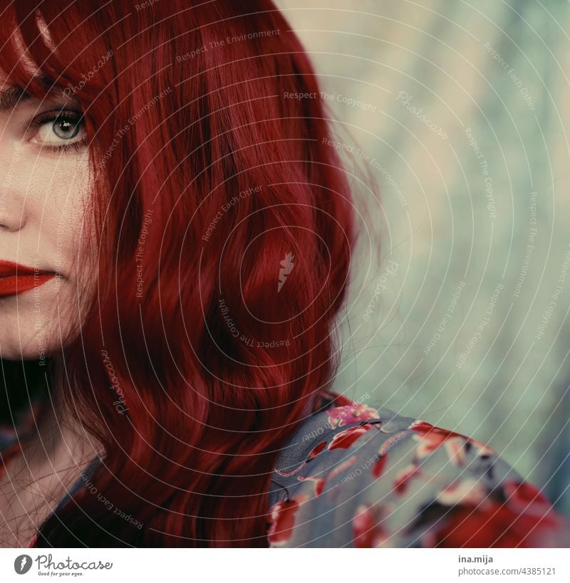 half face of redhead woman with forehead fringes Red Red-haired Long-haired Hair and hairstyles Eyes moment Looking Face Woman Feminine portrait Human being