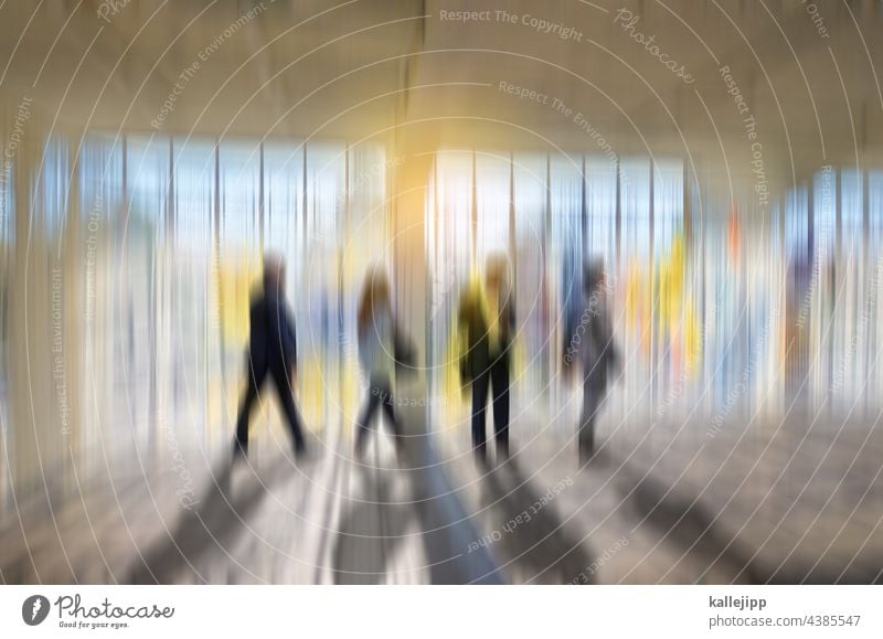 moving ways people Movement Window Bright variegated Business Modern Light Human being City urban Facade Adults Exterior shot Reflection Street Design Abstract