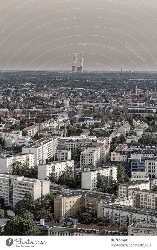 View of Leipzig with power station in the background Above Vantage point Tower Town houses Exterior shot Architecture Saxony Copy Space top Building Facade