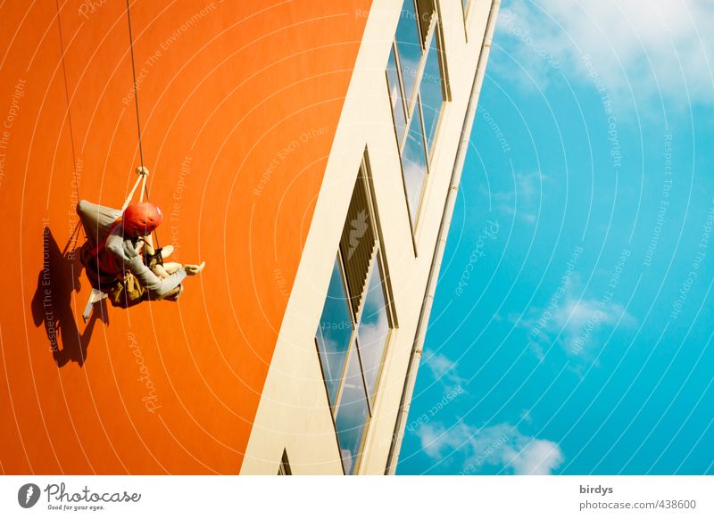 hang out Climbing house running 1 Human being Art Sky Clouds Summer Beautiful weather Facade Window Hang Esthetic Exceptional Tall Athletic Blue Orange Safety