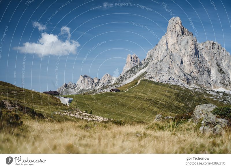 Passo Giau beautiful mountains in Dolomites alps, Italy dolomites passo giau italy tourism peak landscape view scenic path nature europe scenery blue summer