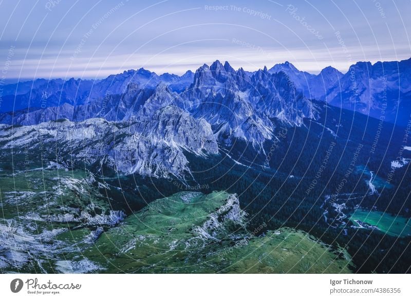 Aerial view of Cadini mountain group in evening dusk light, Sesto Dolomites, South Tirol, Italy cima cadin italy dolomites cadini lavaredo tirol sesto croda