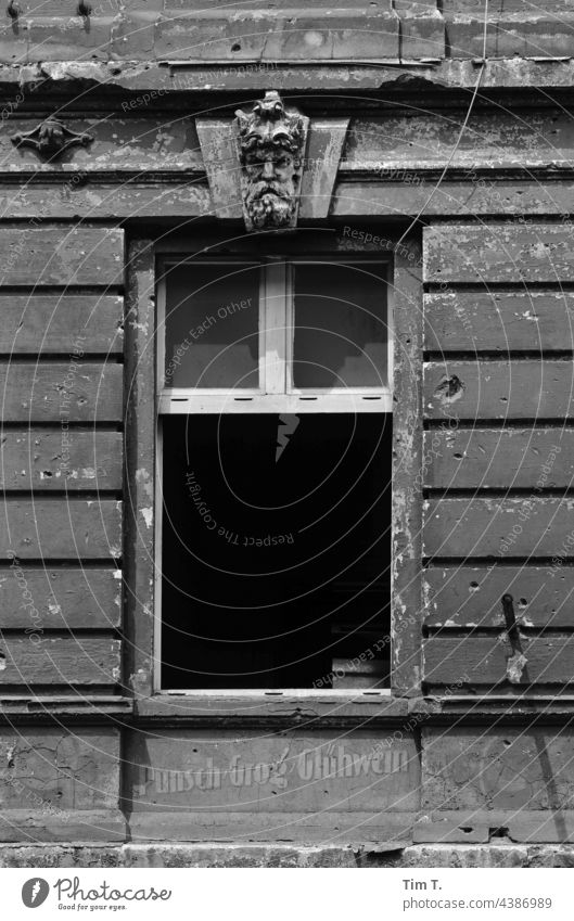 an old Berlin window with punch advertisement underneath poplar avenue Prenzlauer Berg Window Advertising Old Punch Grog Mulled wine b/w bnw Exterior shot Town