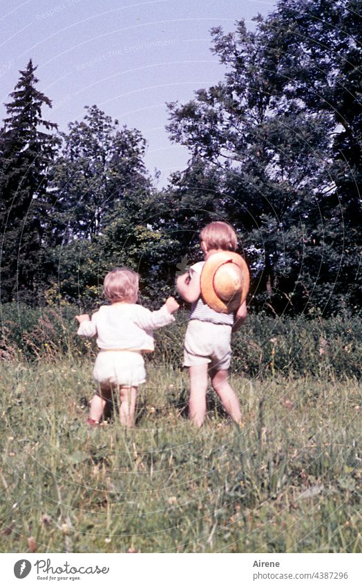 Big sister, take me with you! children Retro '60s Toddler Baby Meadow Joy Nature old photo Analog Summer untroubled Infancy Happy Happiness Child Cute Park Girl
