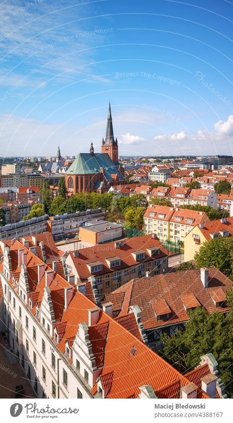 Aerial view of Szczecin cityscape with cathedral in distance, Poland. Stettin aerial building skyline house roof Europe sunny church summer architecture travel