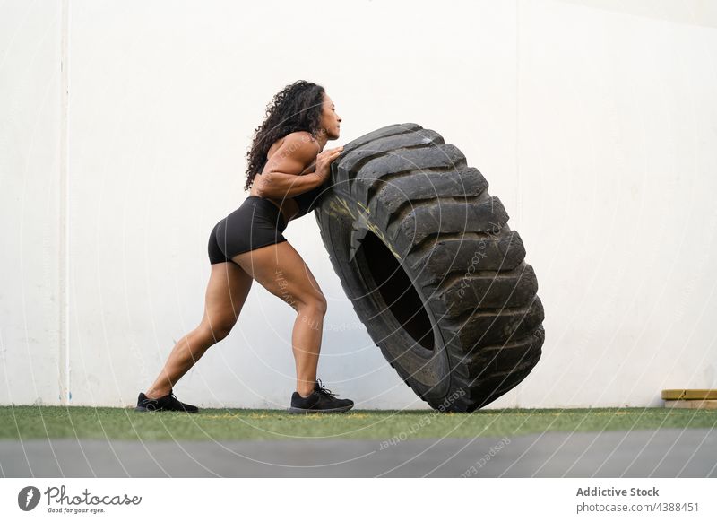 Strong ethnic sportswoman flipping tire during workout training heavy strong muscular athlete exercise focus female concentrated asian endurance fit tyre