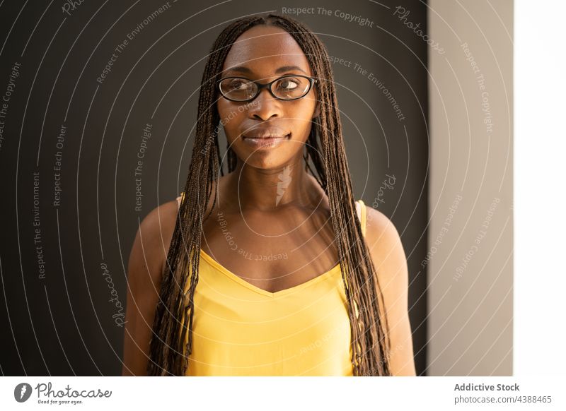 Black woman with braids at home hairstyle appearance glasses charming calm hairdo trendy female african american ethnic black tranquil serious outfit content