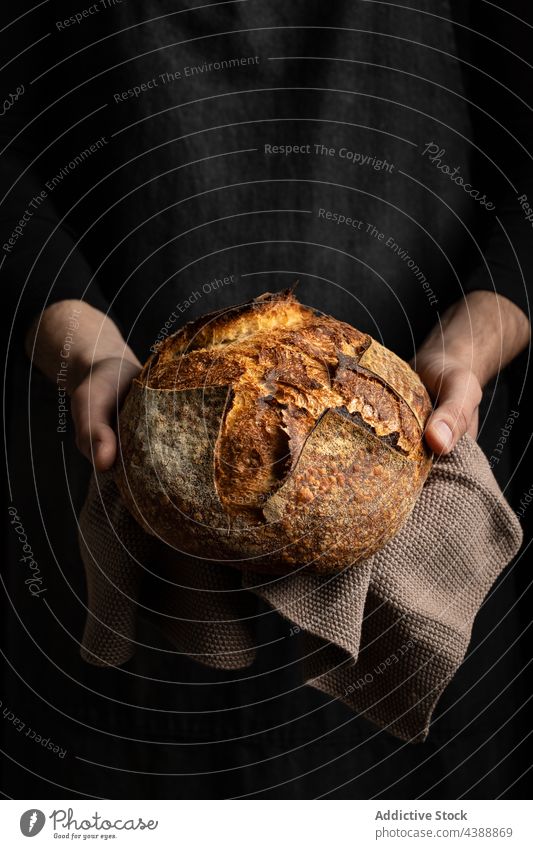 Crop cook holding bread loaf baguette piece fresh baked chef delicious homemade tradition bakery tasty yummy culinary recipe prepare gourmet cuisine stand crust