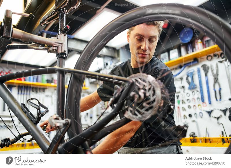 Man fixing bicycle wheel in garage man technician repair attach professional work service male adult cycling mechanic workshop maintenance repairman transport