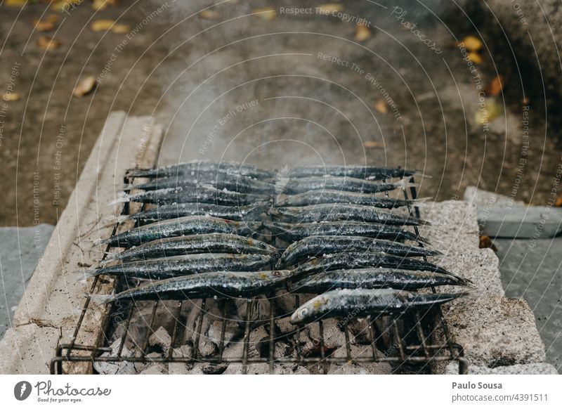 Grilling sardines Portugal Sardine Fish grilled grilling BBQ BBQ season Summer Omega 3 fatty acid Barbecue area Fire Colour photo Food Nutrition Hot