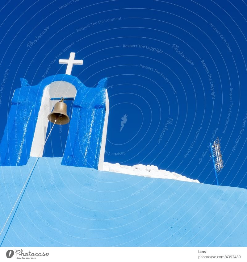 Greek theory of colours l Church on Santorini Crucifix Greece Bell Antenna Blue White Sky Christian religion Religion and faith Island Deserted