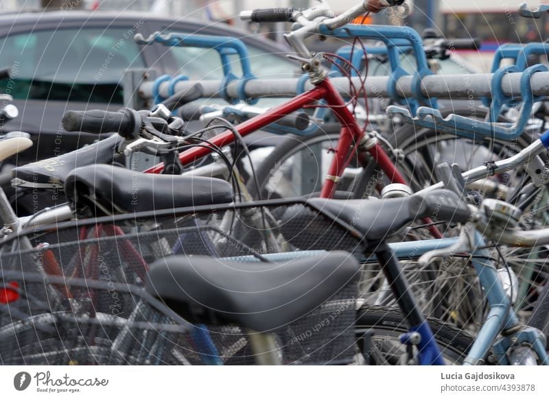 Bicycles parked on a busy street with cars. Background picture to mobility or alternative transport in cities. automobile automotive background bicycle