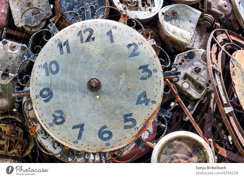 Time passes Clock Alarm clock Old Retro Scrap metal Past Memory Clock hand Clock face Colour photo Digits and numbers lack of time Timetable Transience Detail