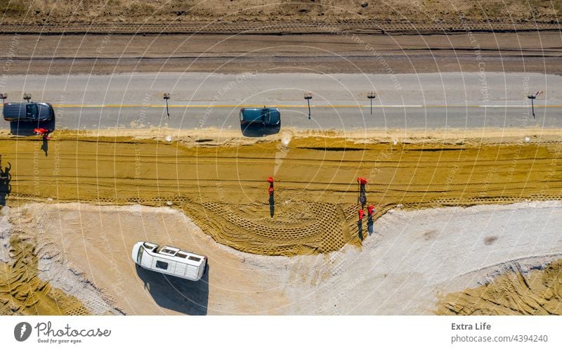Aerial view on traffic roundabout under construction Above Asphalt Base Building Site Car Circle Circular Civil Engineering Construction Crossroad Direction