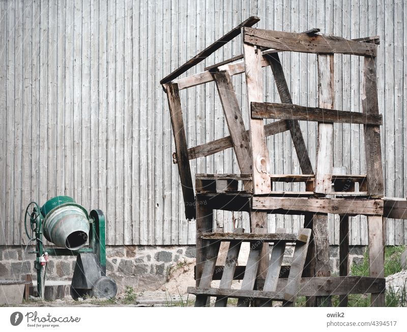 Mixing ratio Wood Construction damaged Framework Unclear puzzling Wooden wall Barn Building Simple Btretter concrete mixer Construction site Tool Wall (barrier)