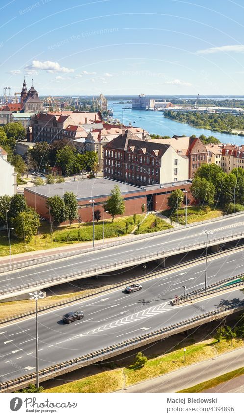 Aerial view of Szczecin cityscape with Castle Way road connecting the city with rest of Poland. highway Stettin aerial skyline urban architecture street outdoor