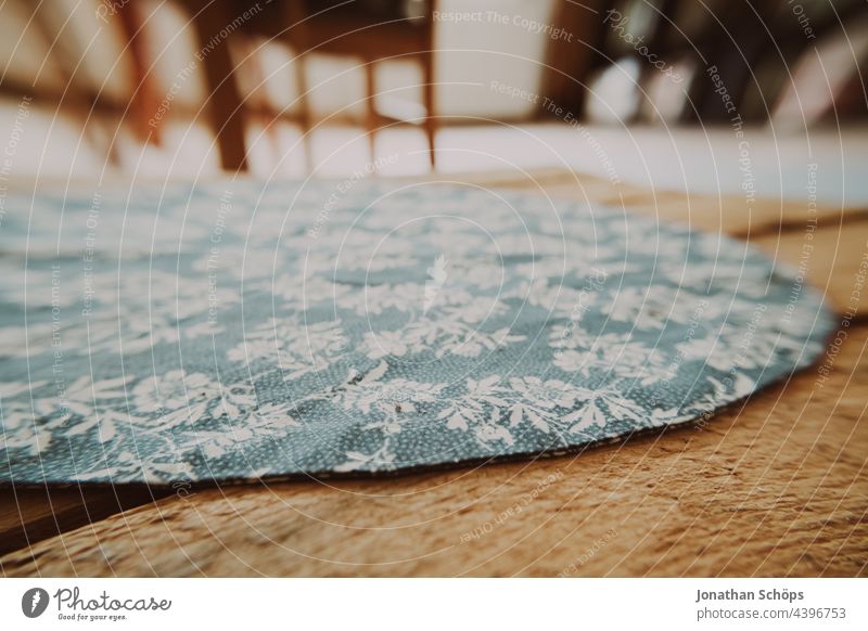 Doily on side table in living room tablecloth Round Blue Table Wood Living room at home chairs Wide angle Close-up Pattern floral pattern Colour photo