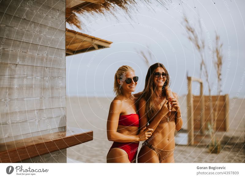 Young women in bikini standing by the surf cabin on a beach at summer day attractive beachwear beautiful beauty caucasian denim enjoying fashion female fit hair