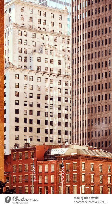 Manhattan diverse architecture, color toning applied, New York City, USA. city building skyscraper office apartment old wall facade NYC urban photo exterior