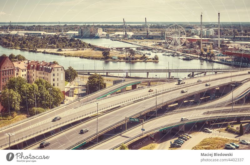 Aerial view of Castle Way and Lasztownia Island, color toning applied, Poland. Szczecin city road highway Stettin aerial panorama retro skyline urban