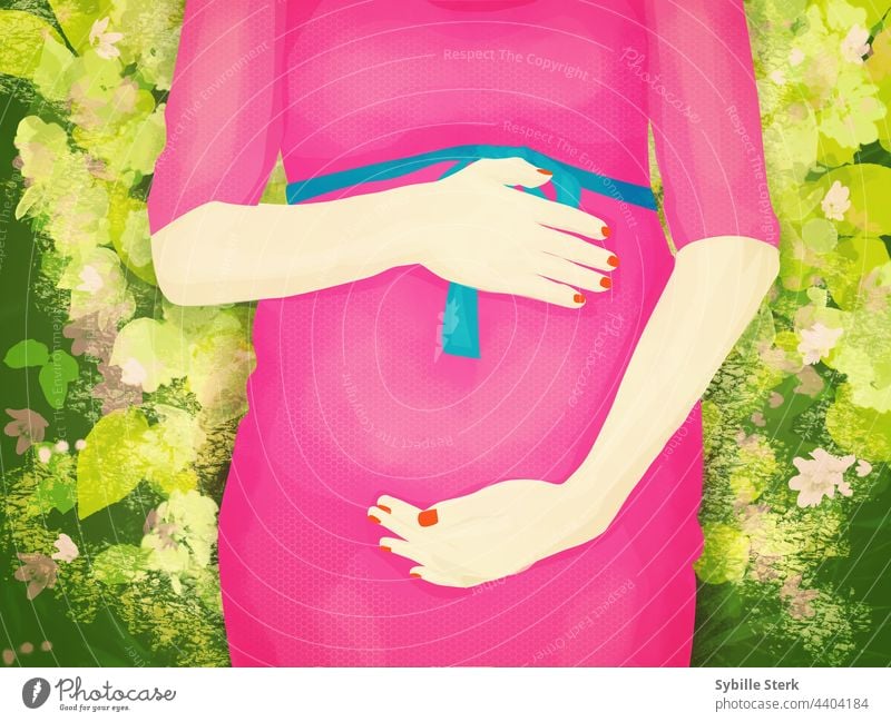 Pregnant woman in pink dress with greenery greens leaves nature flowers pregnancy pregnant woman expecting maternity maternal protection baby procreation beauty