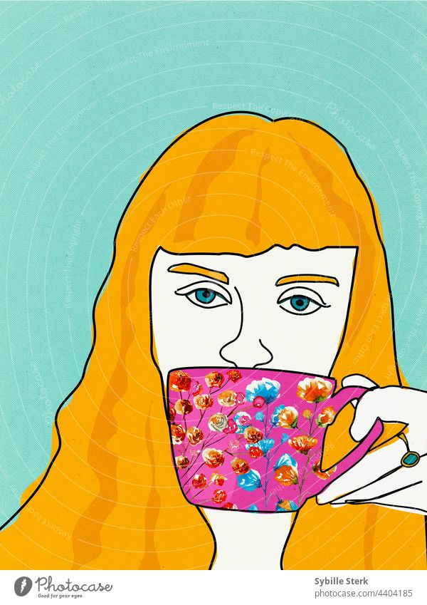 Strawberry blonde drinking from a pink flowery tea cup drinking tea vintage tea cup collage line drawing red hair strawberry blond young woman peaceful mindful
