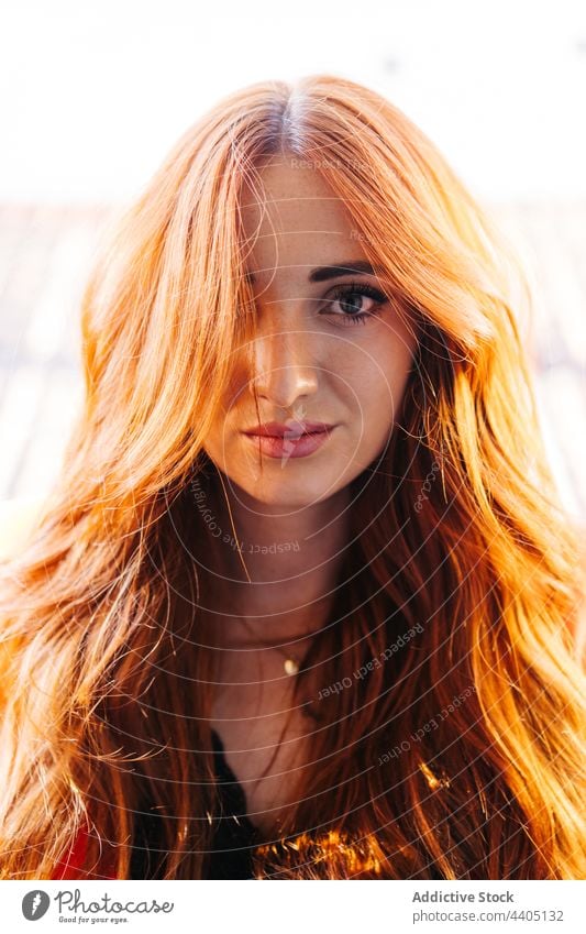 Charming woman with ginger hair looking at camera redhead appearance sunlight charming red hair portrait style serene female long hair bright vivid vibrant