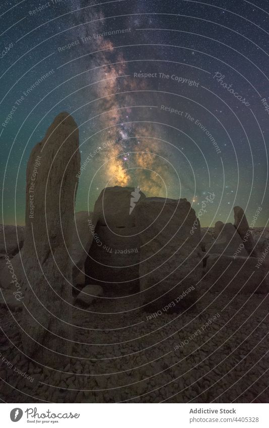 Megalithic monuments under starry sky with Milky Way stonehenge megalithic milky way astronomy galaxy nature sunset highland ancient menhir granite evening