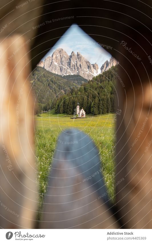 Church on meadow in green valley in highlands church mountain countryside catholic religion picturesque landscape dolomite alps italy st john church old rural
