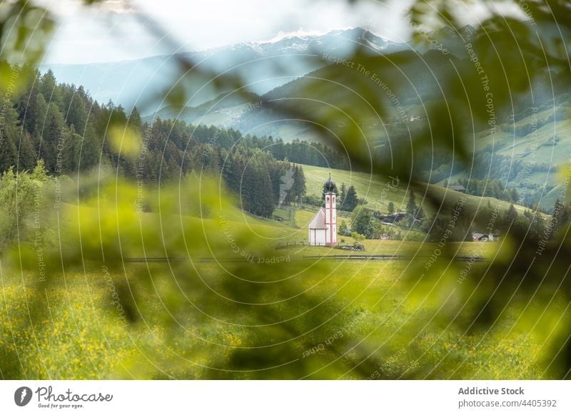 Old church in green mountainous valley highland old meadow building ancient catholic nature dolomite alps italy st john church religion tree worship